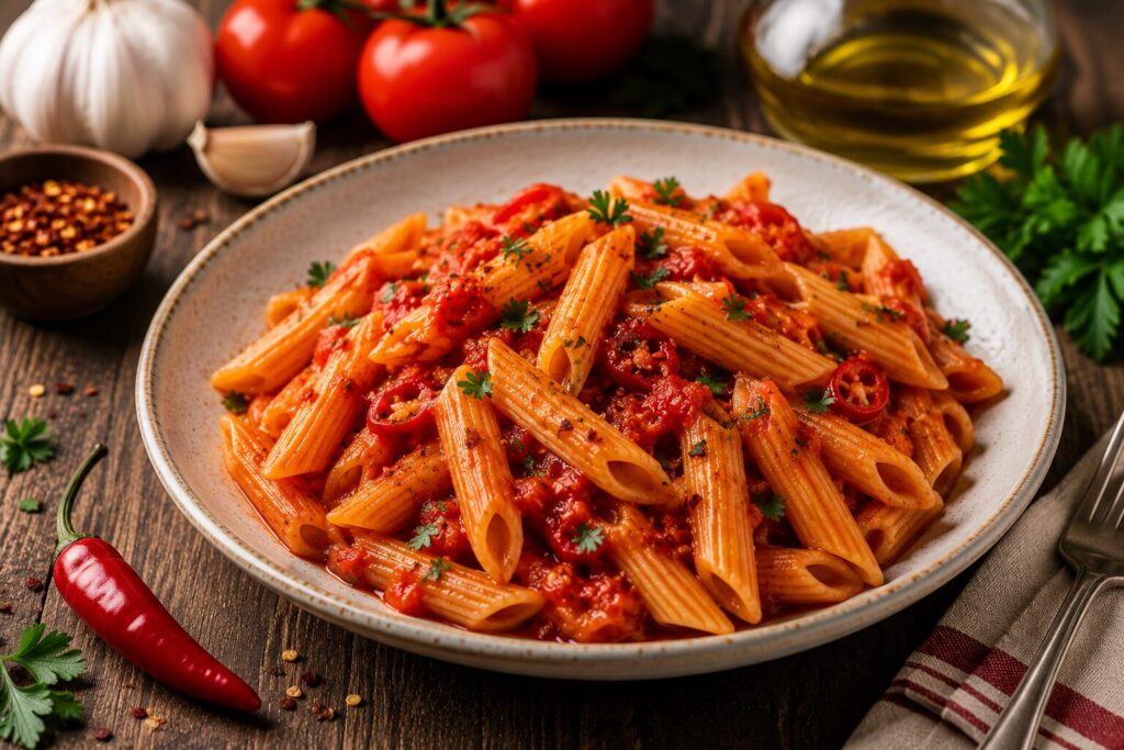 Penne all'Arrabbiata csípős olasz paradicsomos tészta